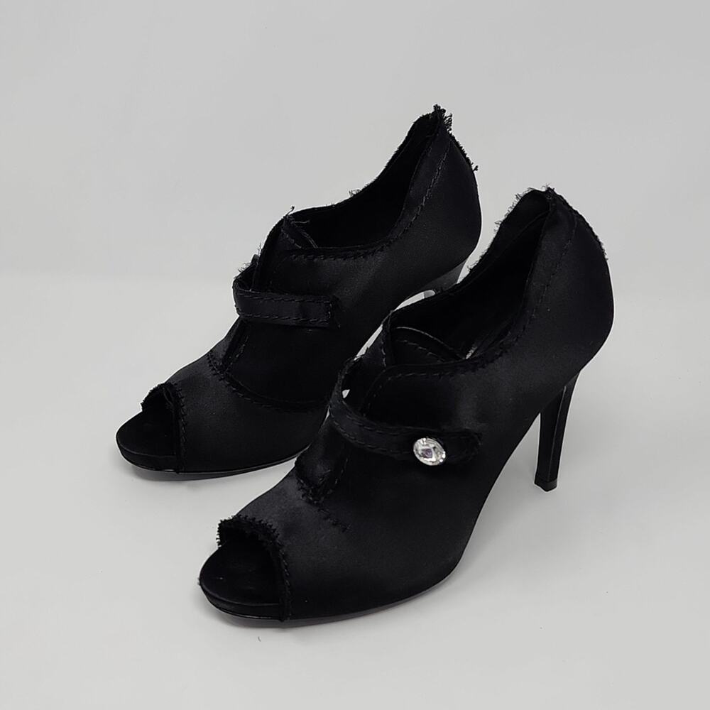 Pedro Garcia Black Satin Fabric Open Toe  Booties Pumps Size 7.5